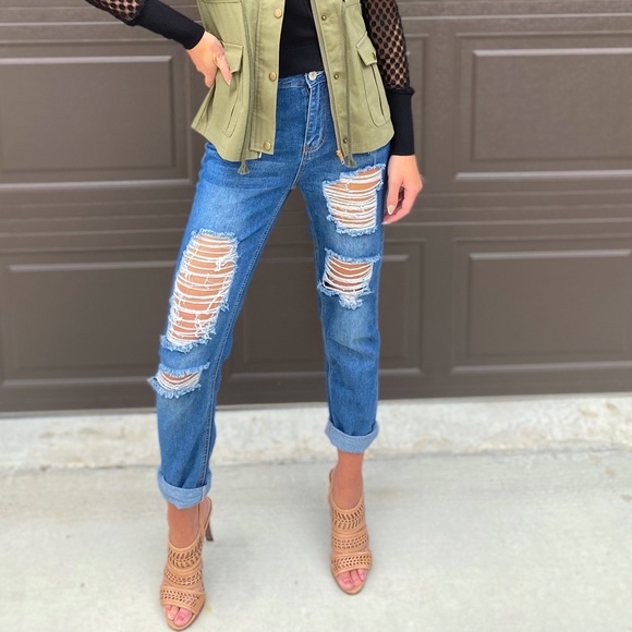 Boyfriend Style Distressed Jeans - Picture 1 of 4